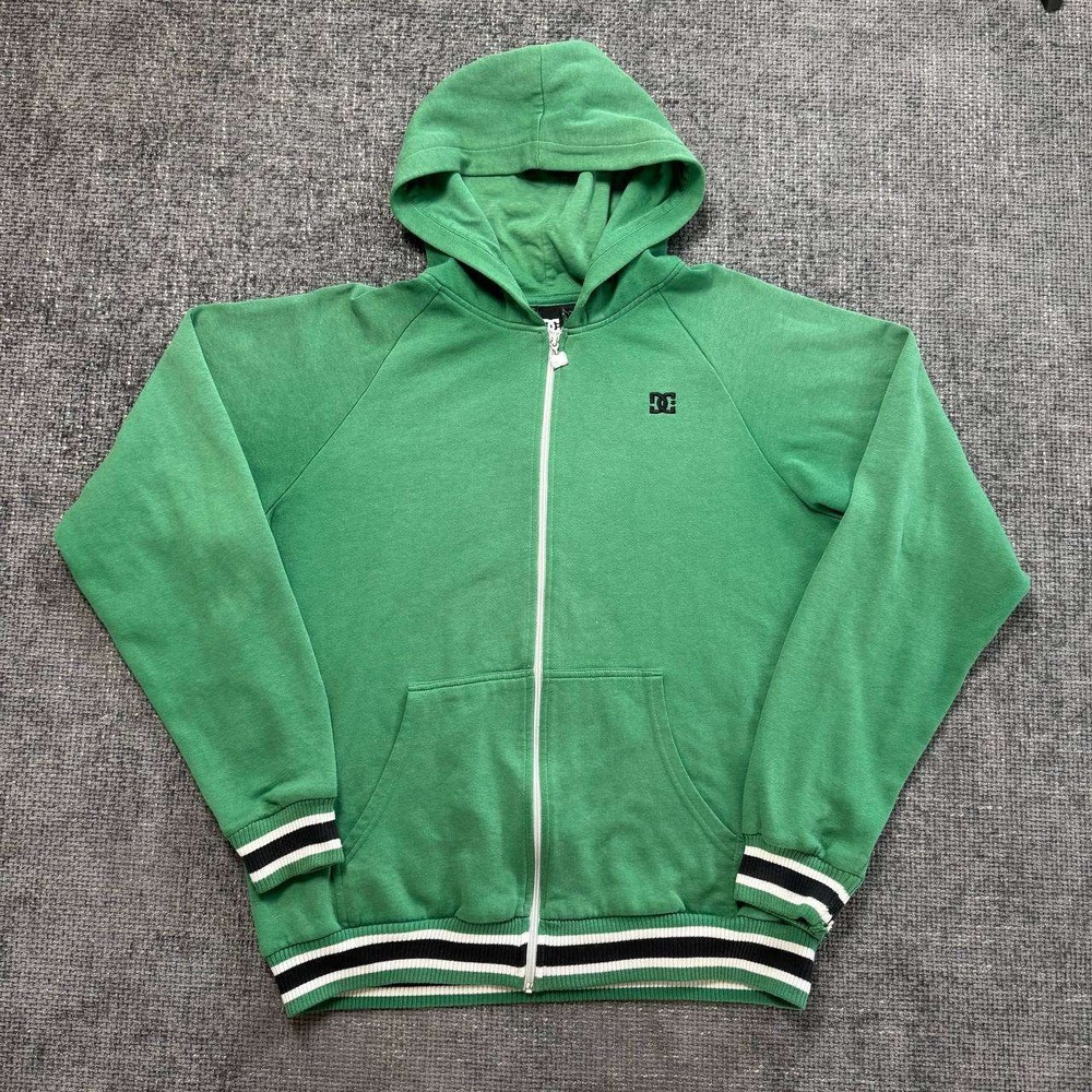 DC Shoes Full Zip Hoodie Mens L Green Y2K Skate Raglan Striped Cuffs Logo